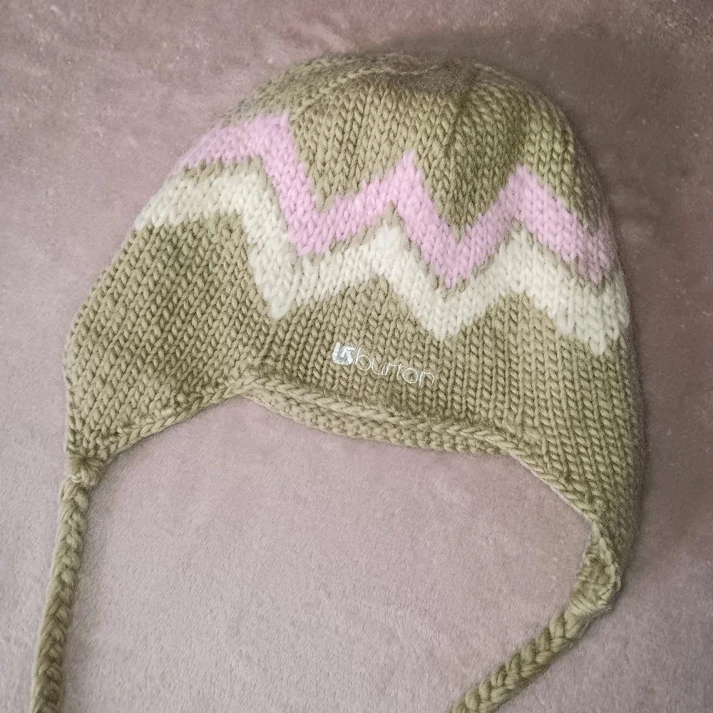 Burton 100% Wool Knit Child's Tan Pink Cream Winter Hat With Braids OSFA